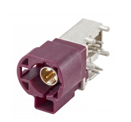 FAKRA mannelijke connector met solderen van de middenpin en krimpen van de koperen huls; 99S20D-40MA5-BX haakse stekker (voor PCB); rood.